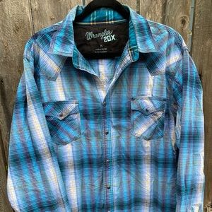 Teal Blue Plaid Wrangler 20X 100% Cotton Snap Shirt L or XL 19”